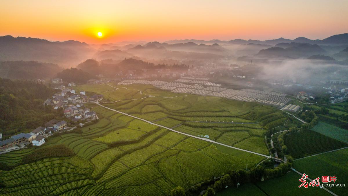 A stunning sunrise over Huamao Village's rural beauty in SW China's Guizhou