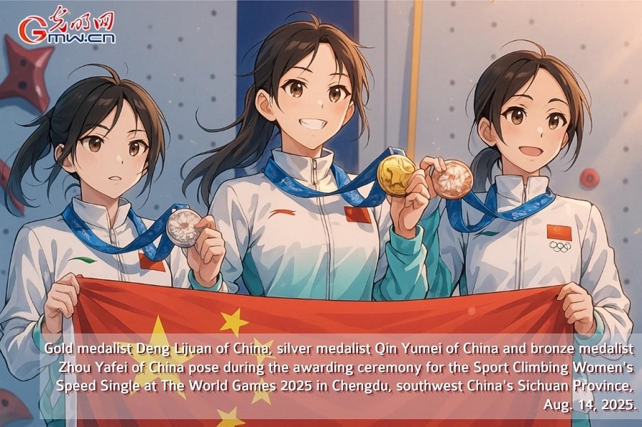 AI Cartoon World Games | Chinese athletes sweep gold, silver, bronze in Sport Climbing Women's Speed Single