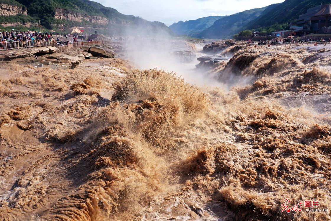 Tourists admire Hukou Waterfall in N China's Shanxi