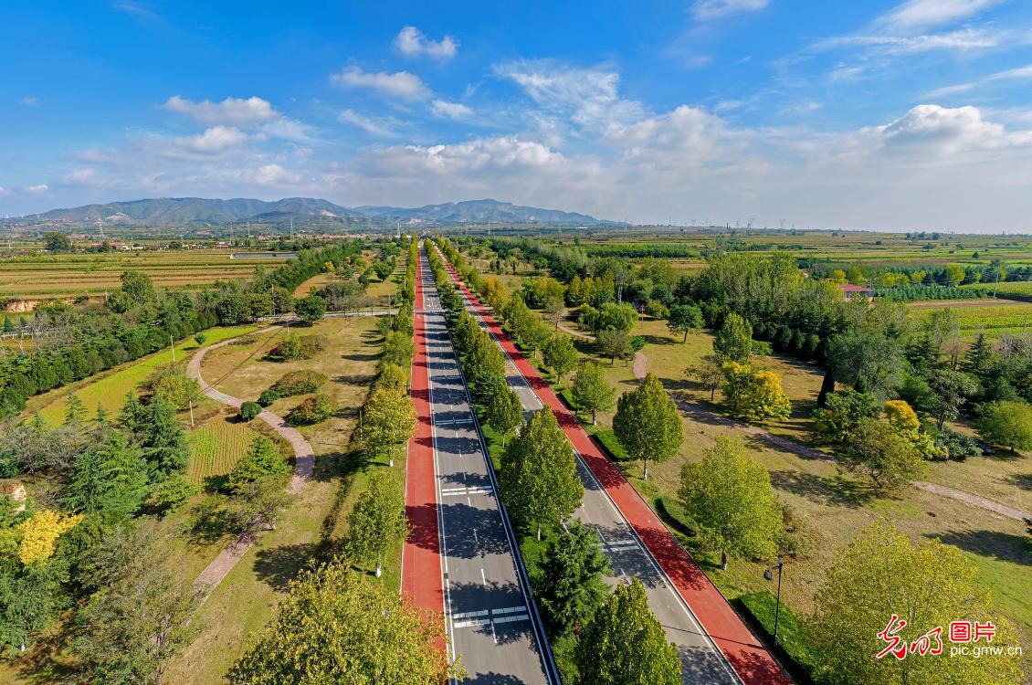 Country road winds through autumn splendor in N China's Shanxi