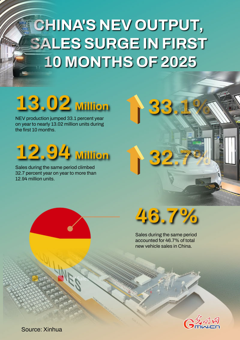 Poster: China's NEV output, sales surge in first 10 months of 2025