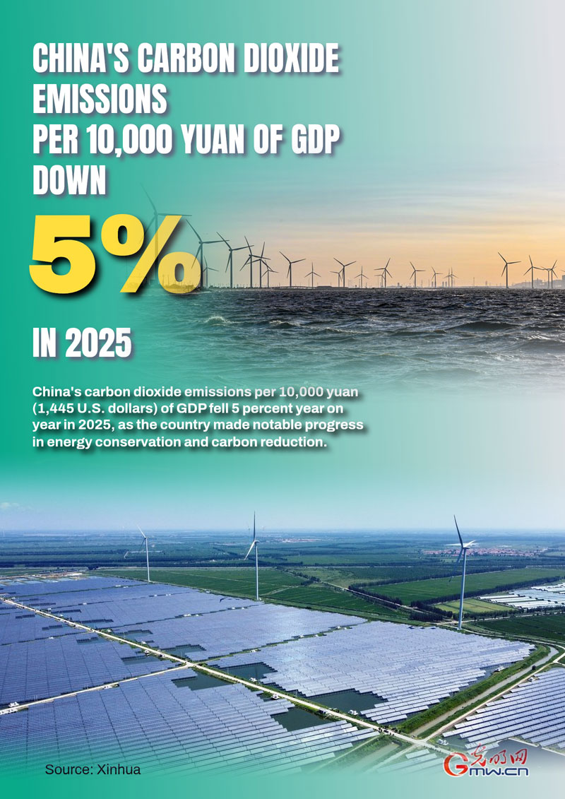 Poster: China's carbon dioxide emissions per 10,000 yuan of GDP down 5% in 2025 Poster: China's carbon dioxide emissions per 10,000 yuan of GDP down 5% in 2025
