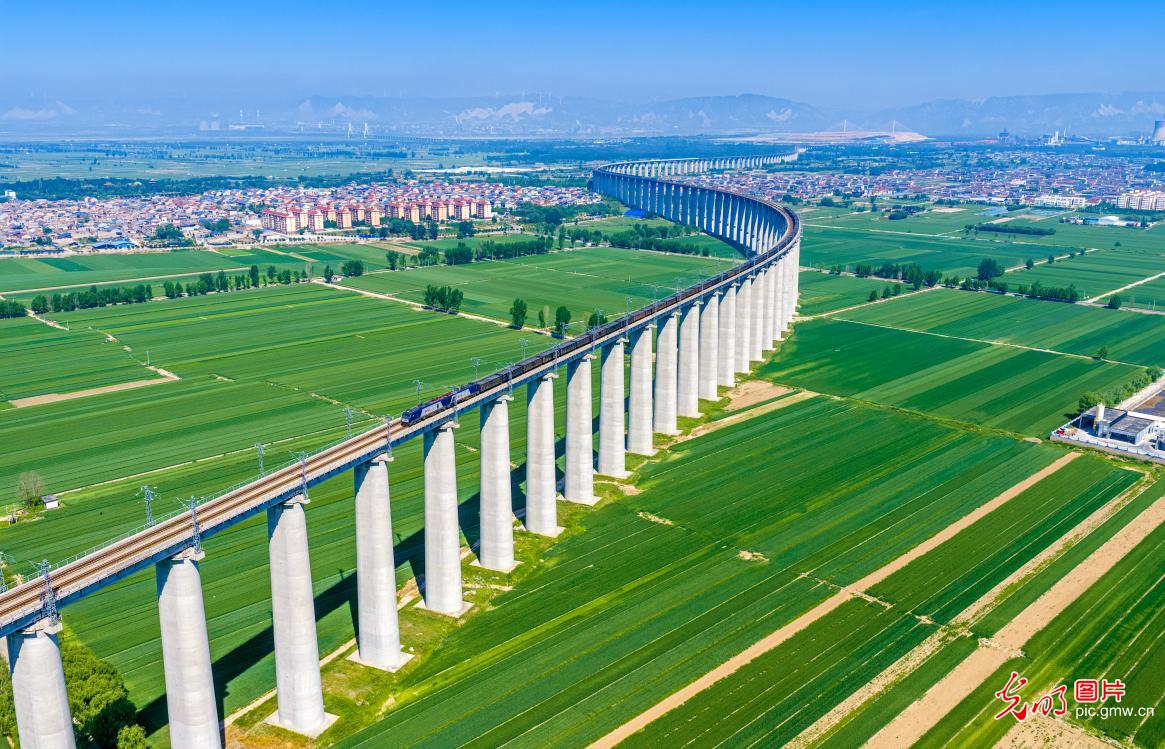 Train runs through early summer fields in N China's Shanxi