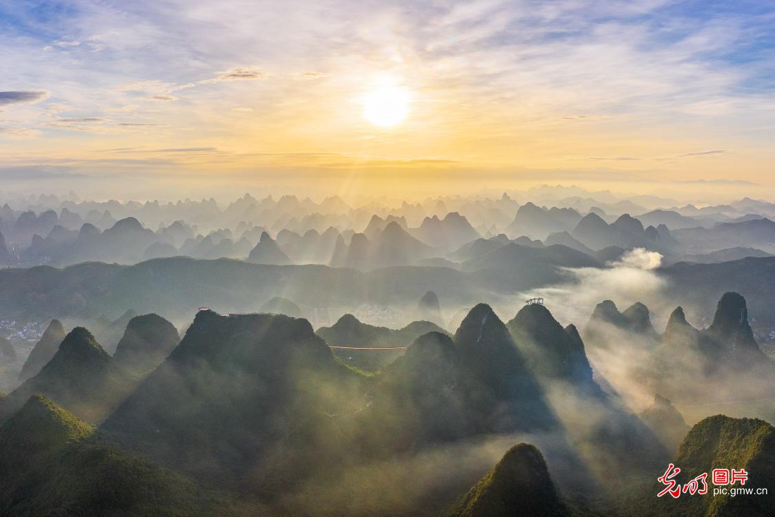 Sunrise over Karst peaks in Guilin, China's Guangxi