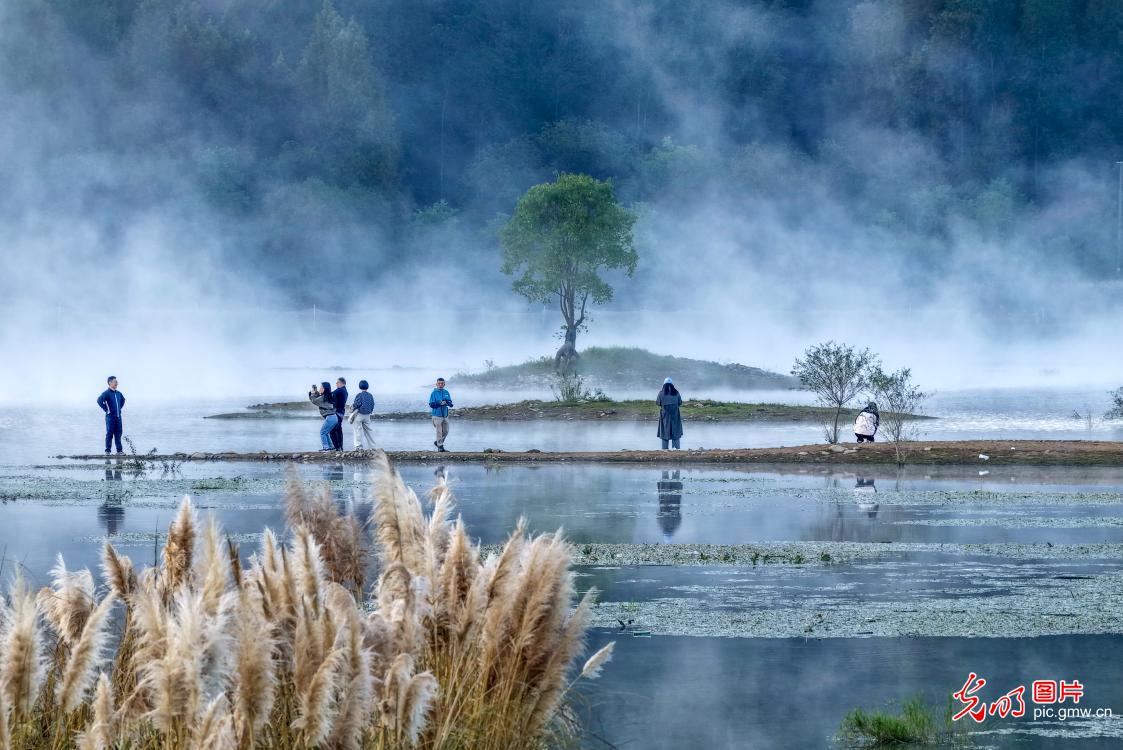 Morning mist creates a picturesque scene at lake in E China's Anhui