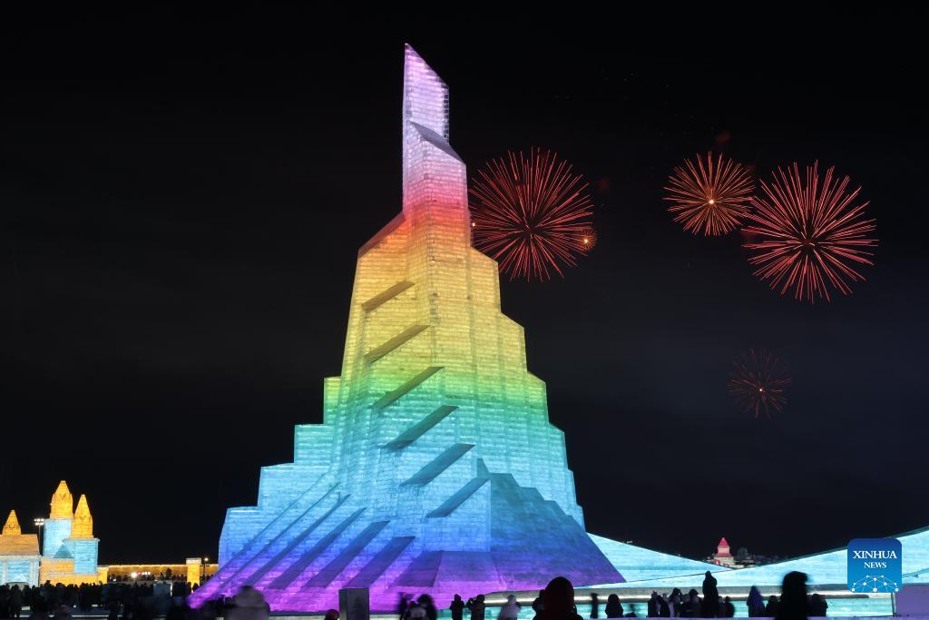 Firework show held at Harbin Ice-Snow World to celebrate New Year
