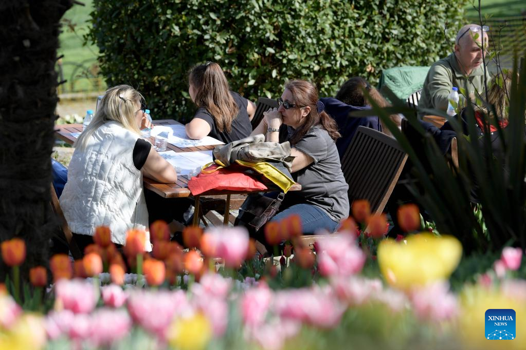 People enjoy tulips at park in Istanbul, Turkey