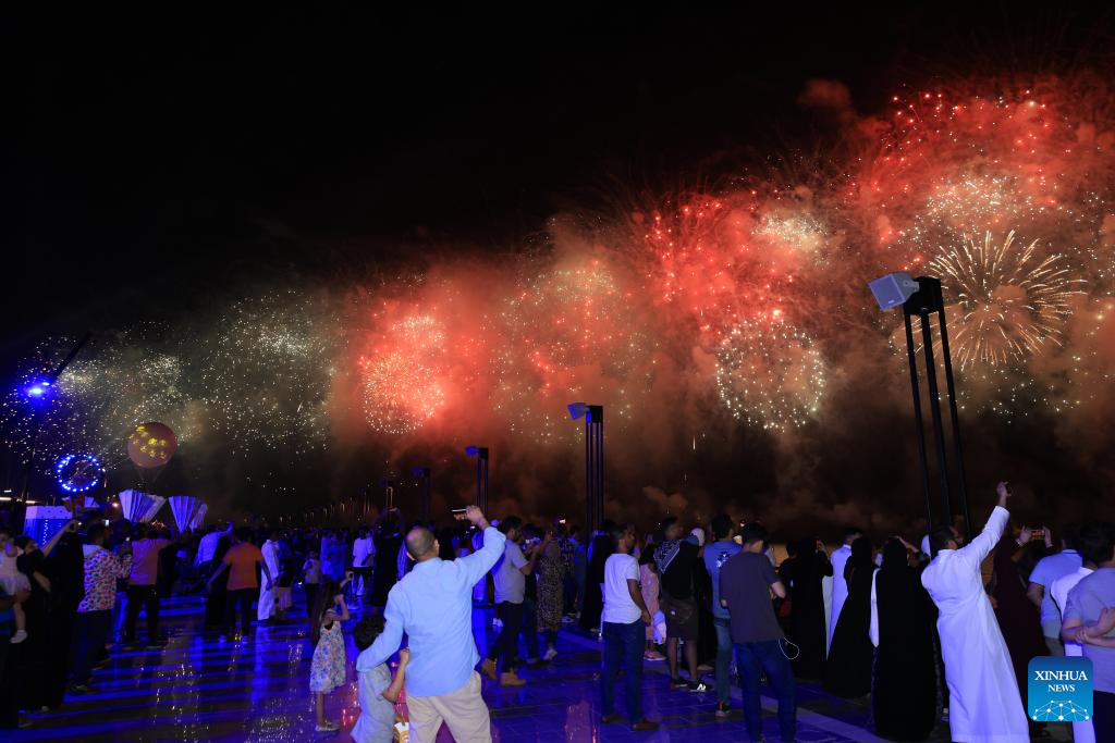 People watch drones, fireworks show in north Jeddah, Saudi Arabia
