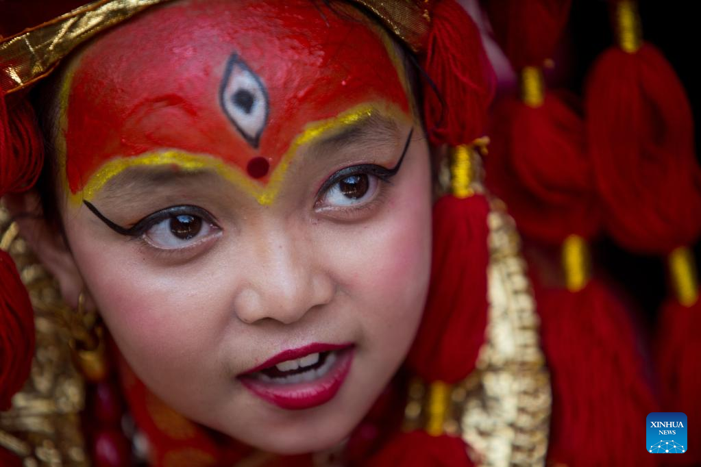 Girls dressed up for Kumari Puja celebration in Nepal