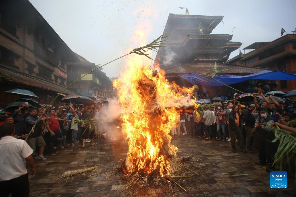People observe Ghantakarna Festival in Bhaktapur, Nepal