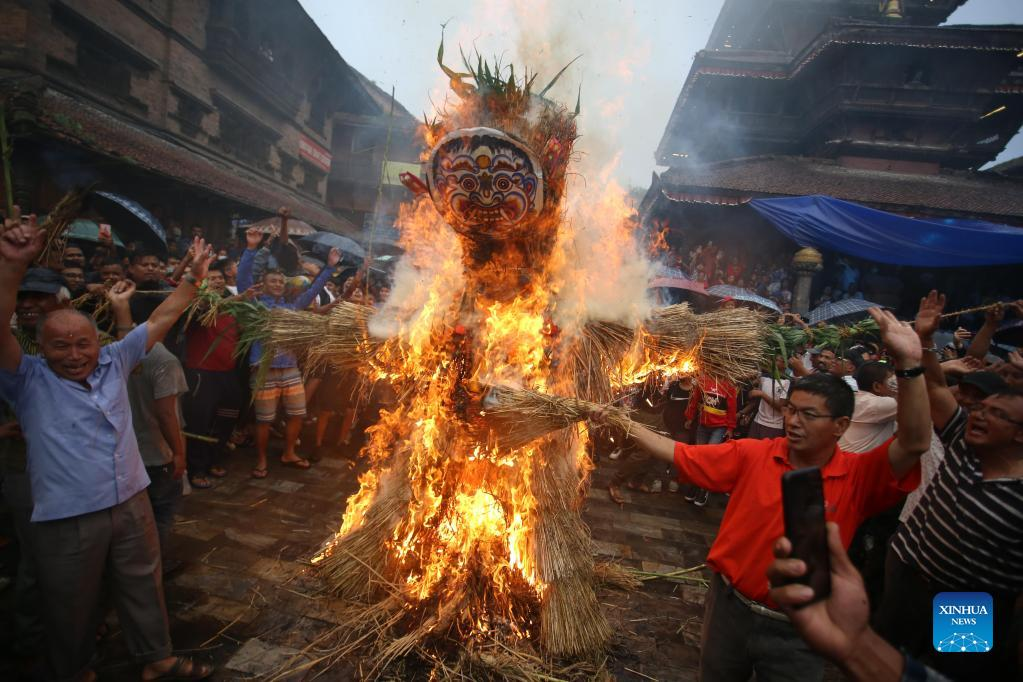 People observe Ghantakarna Festival in Bhaktapur, Nepal