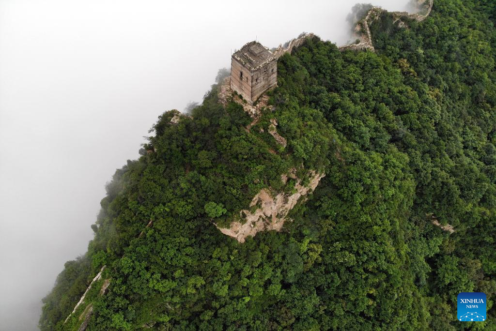 View of Jinshanling section of Great Wall amid clouds in north China