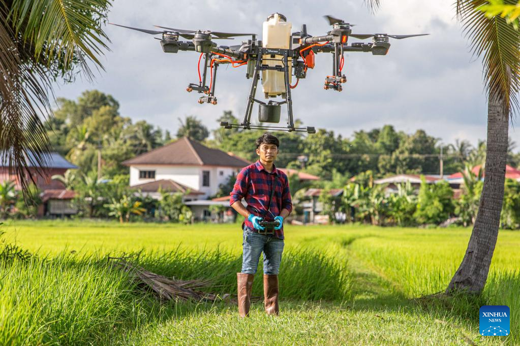 China-made agricultural drones seen flying over grainfields in Roi Et, Thailand