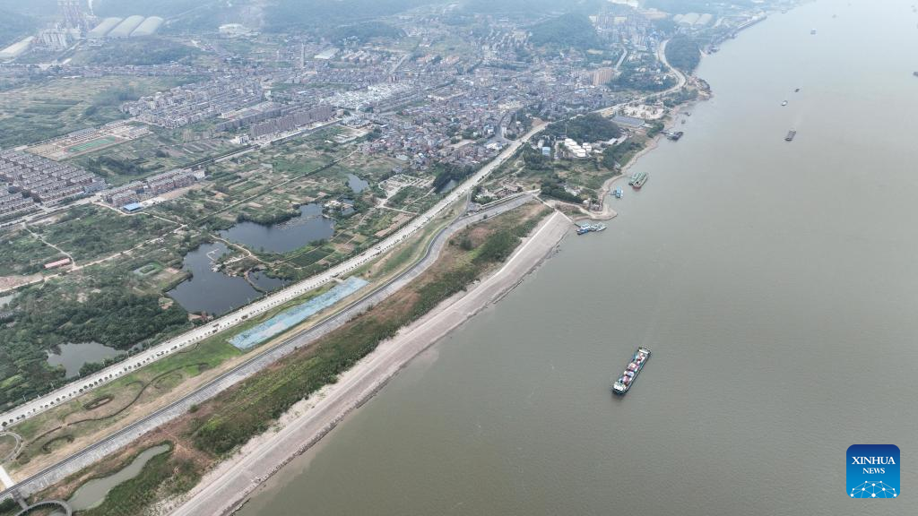 Water level of Yangtze River in east China's Jiujiang falls due to high temperature, less rainfall