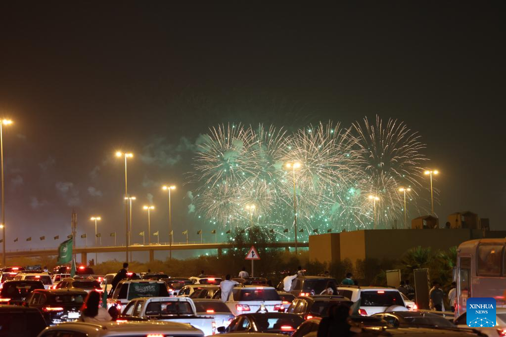 Fireworks explode to celebrate Saudi Arabia's National Day