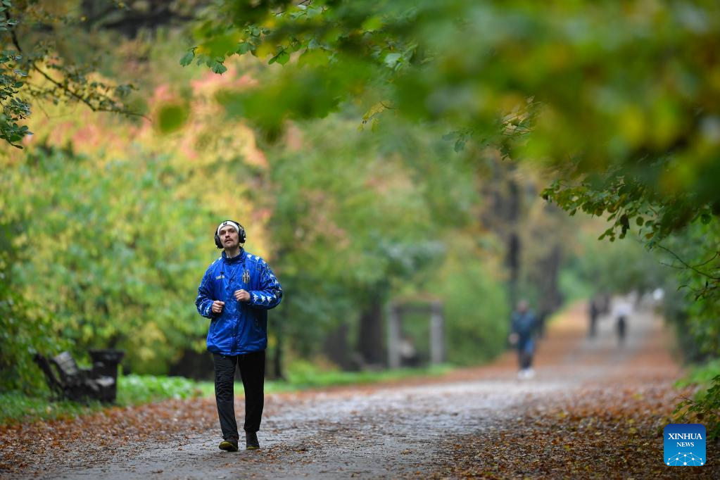People enjoy autumn scenery at park in Moscow