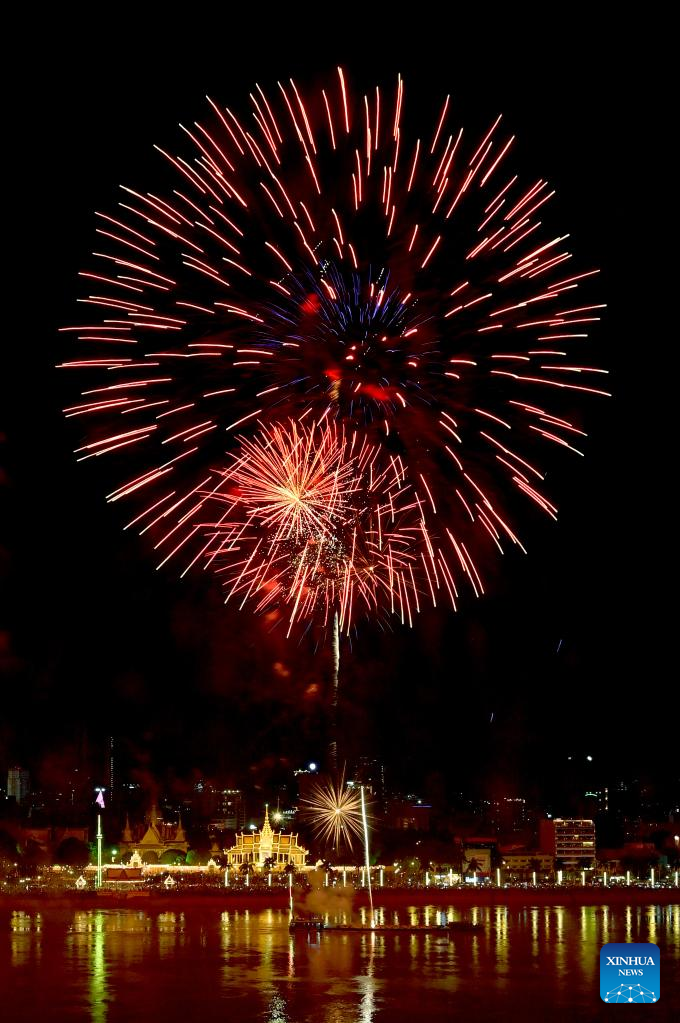 Fireworks seen during Independence Day celebration in Cambodia