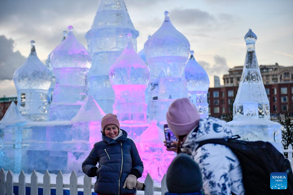 People visit ice sculpture exhibition in Moscow, Russia