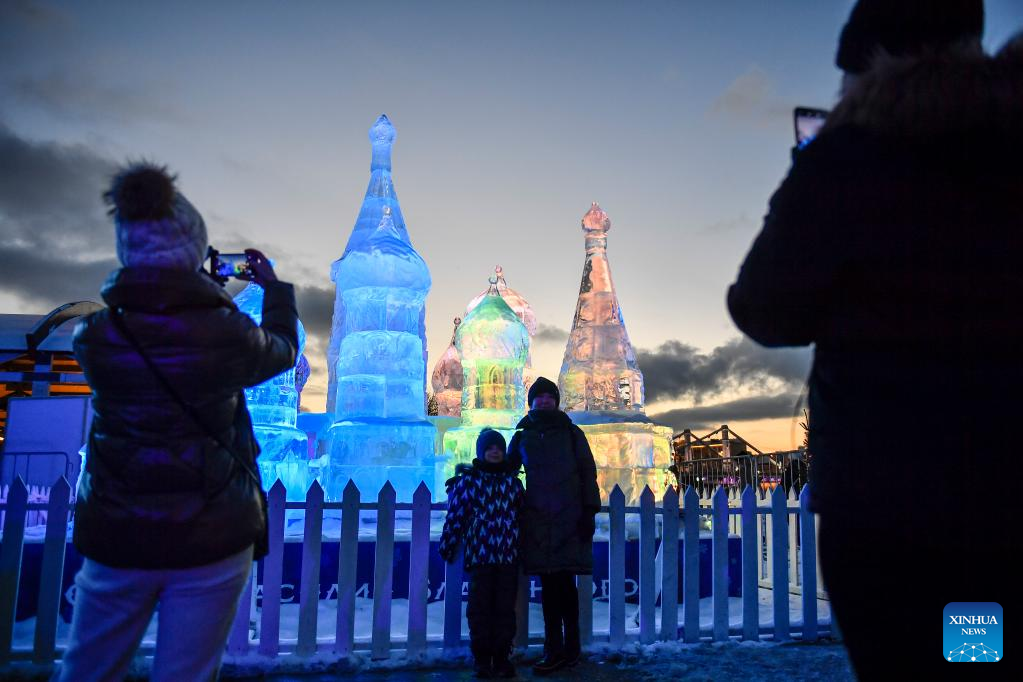 People visit ice sculpture exhibition in Moscow, Russia
