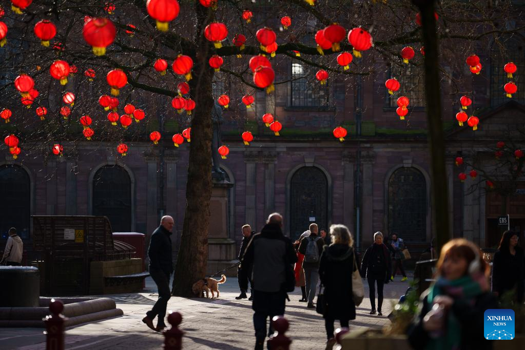 Chinese red lanterns adorn streets in Manchester, Britain