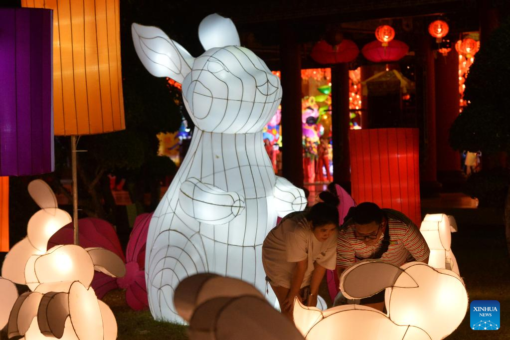 People visit lantern festival in Samut Prakan, Thailand