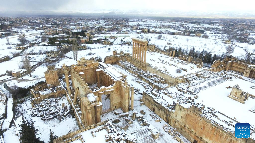 Snow scenery of Roman ruins in Lebanon