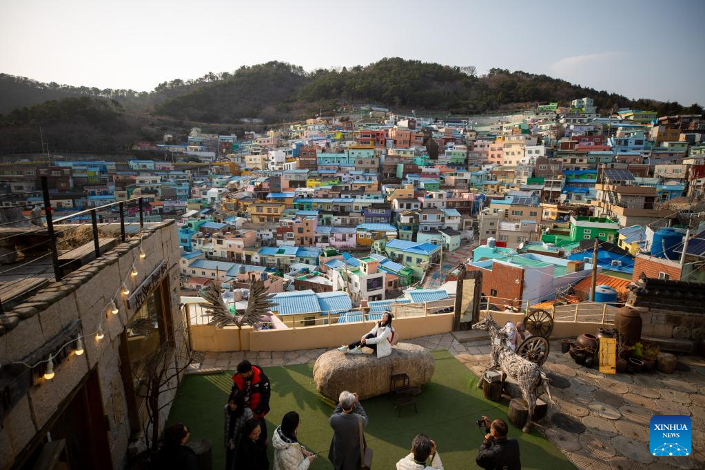 Tourists visit Gamcheon Culture Village in Busan, South Korea