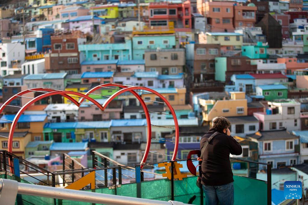 Tourists visit Gamcheon Culture Village in Busan, South Korea