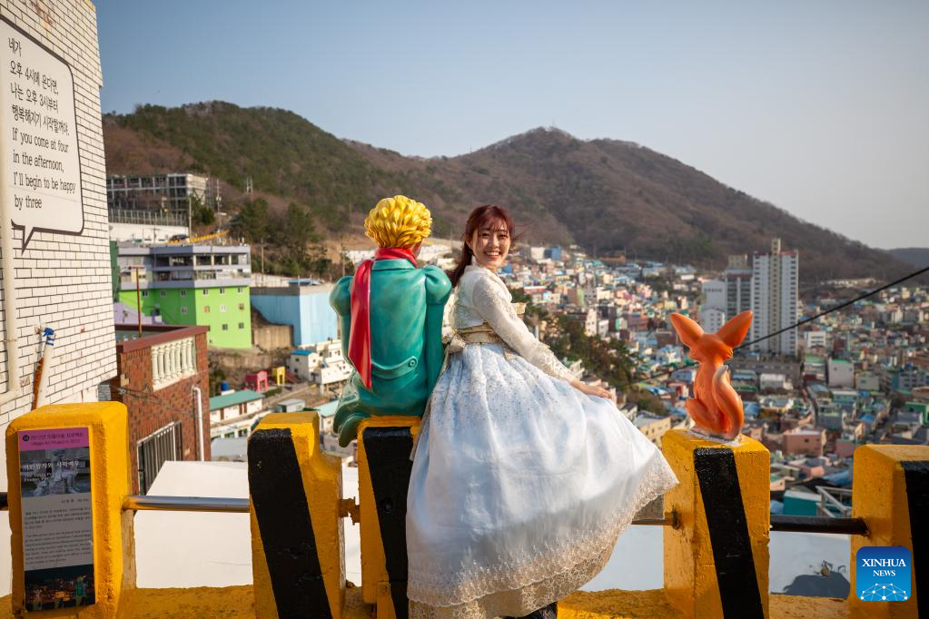 Tourists visit Gamcheon Culture Village in Busan, South Korea