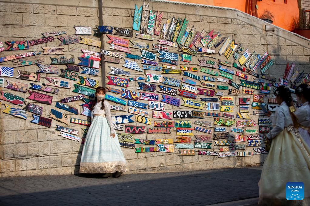 Tourists visit Gamcheon Culture Village in Busan, South Korea