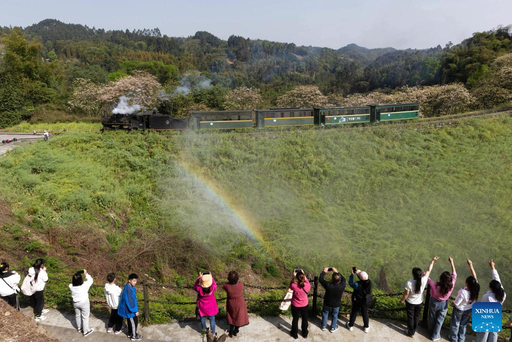 Steam train passes by Liangshuituo station in Leshan, China's Sichuan