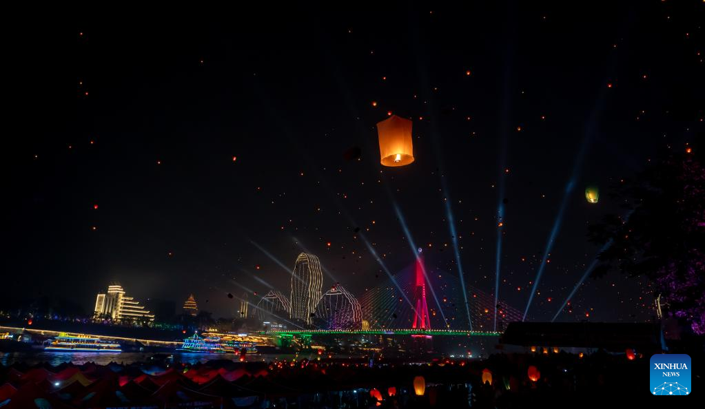 Sky lanterns released during annual Water Splashing Festival in SW China