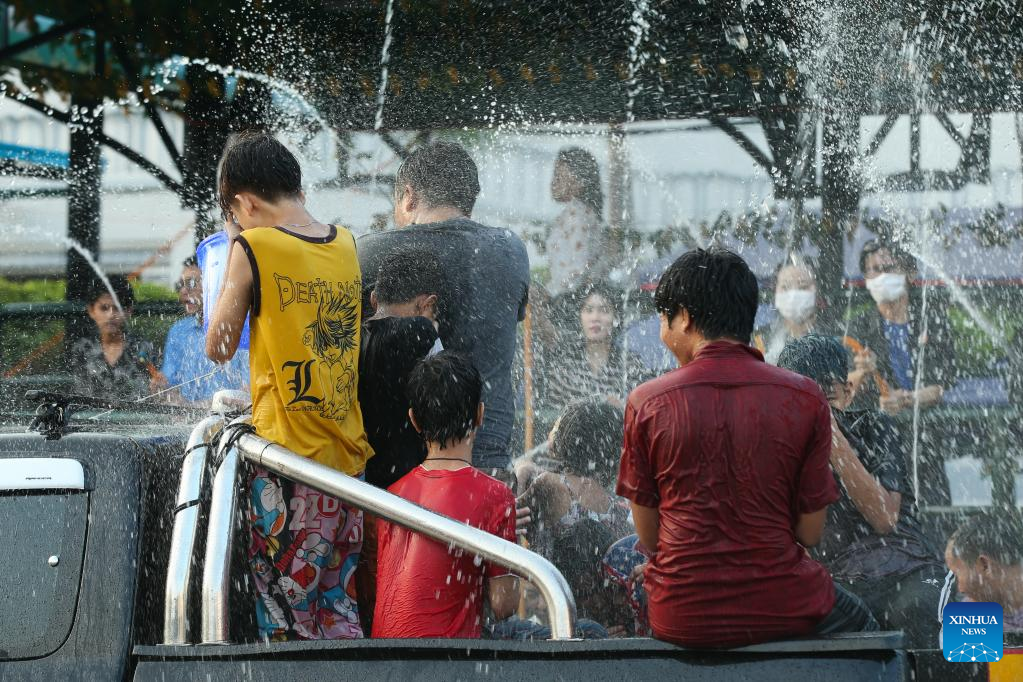 People celebrate water festival in Yangon, Myanmar