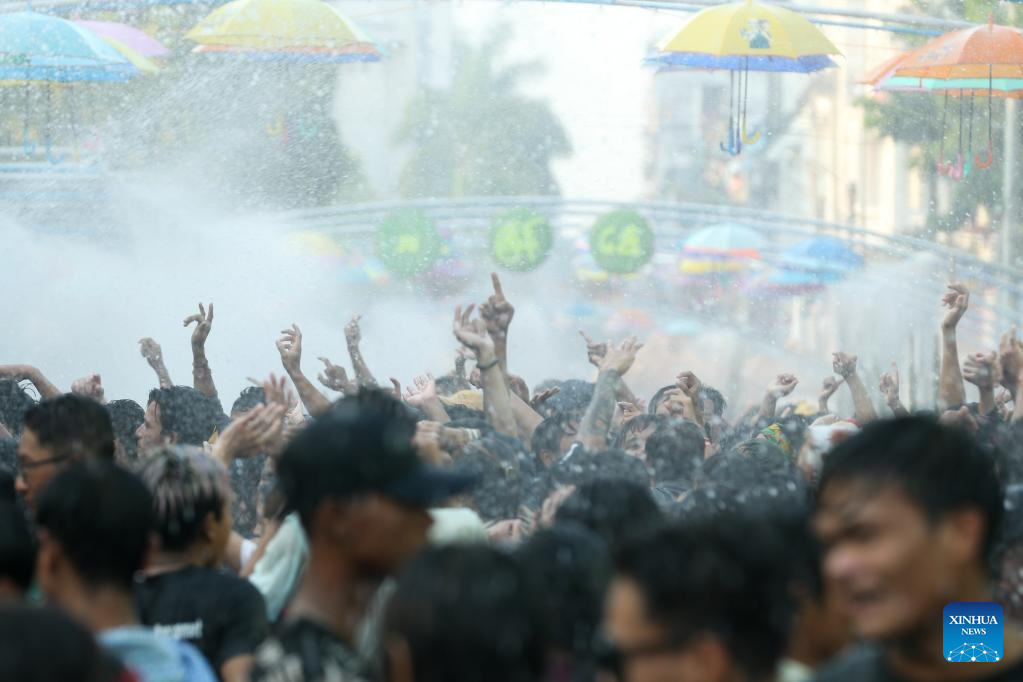 People celebrate water festival in Yangon, Myanmar