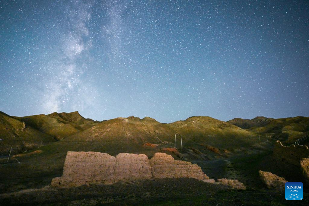 View of Great Wall at starry night in N China