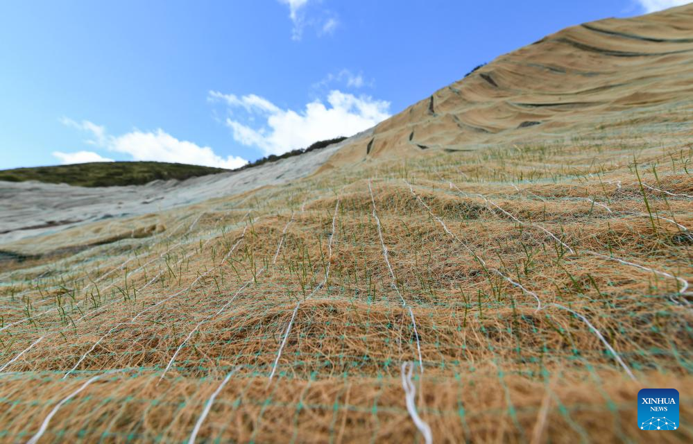 Blankets made from coconut shells used for grassland restoration in SW China's Sichuan