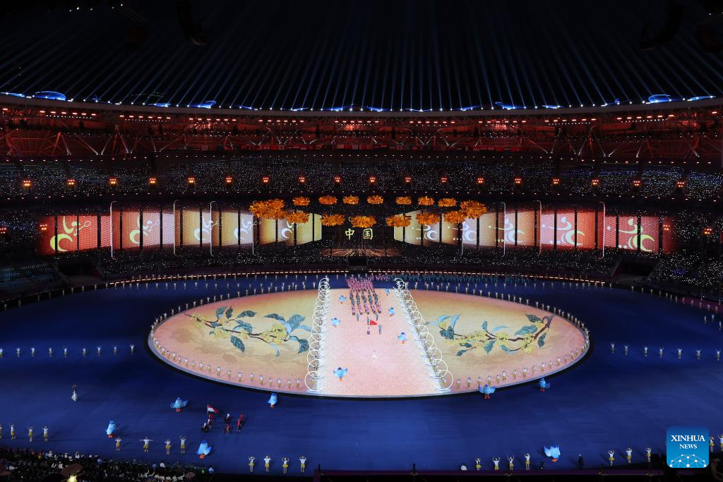 Delegations parade into stadium during opening ceremony of 4th Asian Para Games in Hangzhou