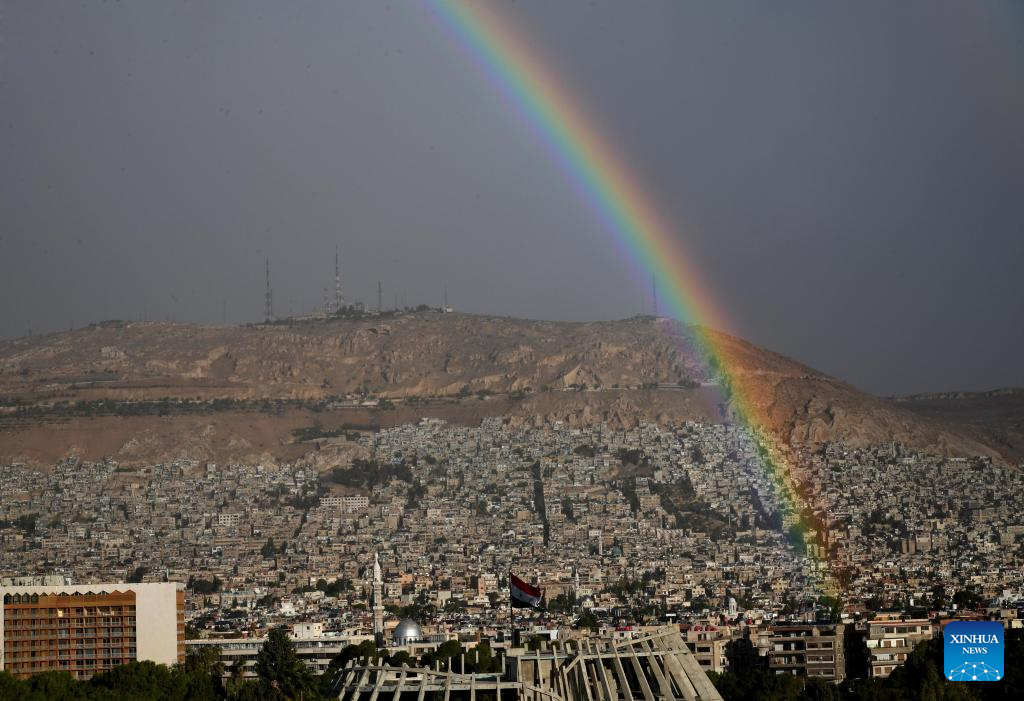 Rainbow seen after rainfall in Damascus, Syria