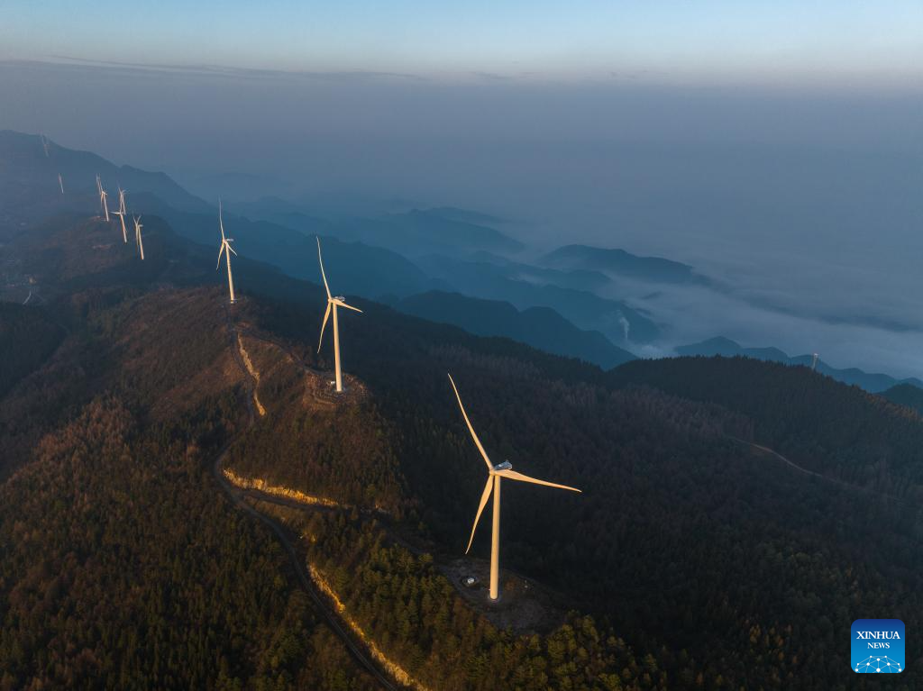 Aerial view of wind turbines in Yuchi Town, China's Chongqing