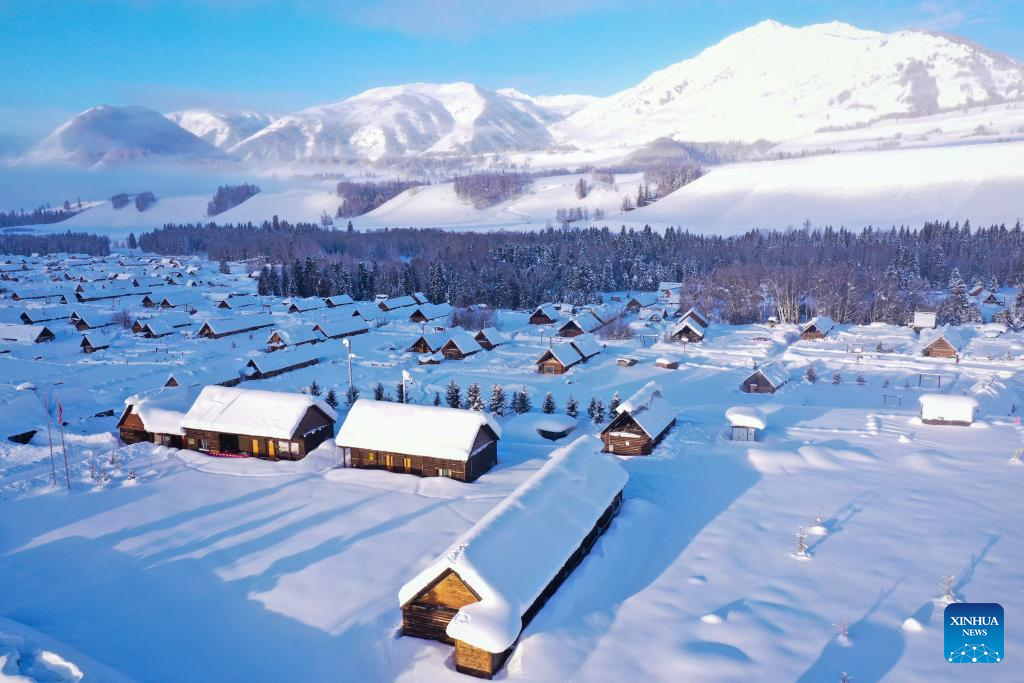 View of Hemu Village after snow in China's Xinjiang