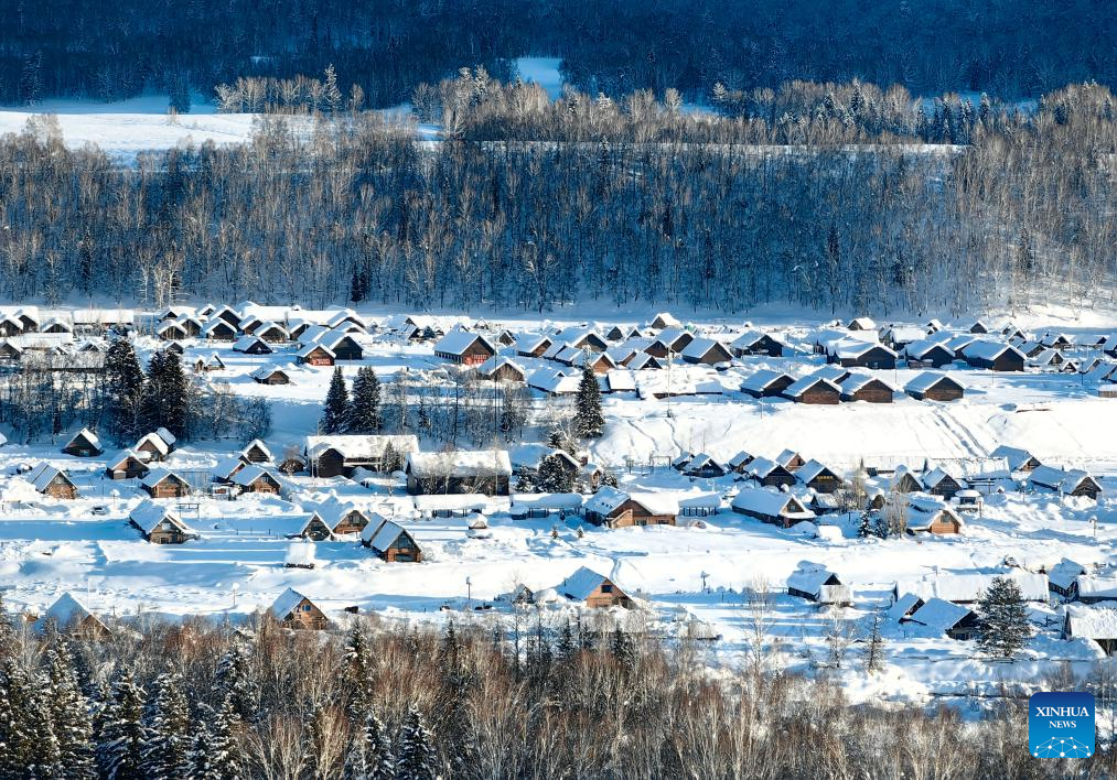 View of Hemu Village after snow in China's Xinjiang