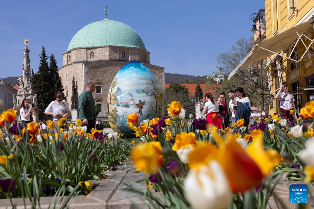 Two-meter tall Easter egg decoration seen in Hungary