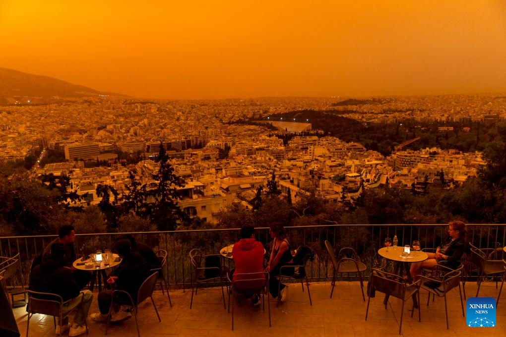Buildings in Athens, Greece shrouded in dust