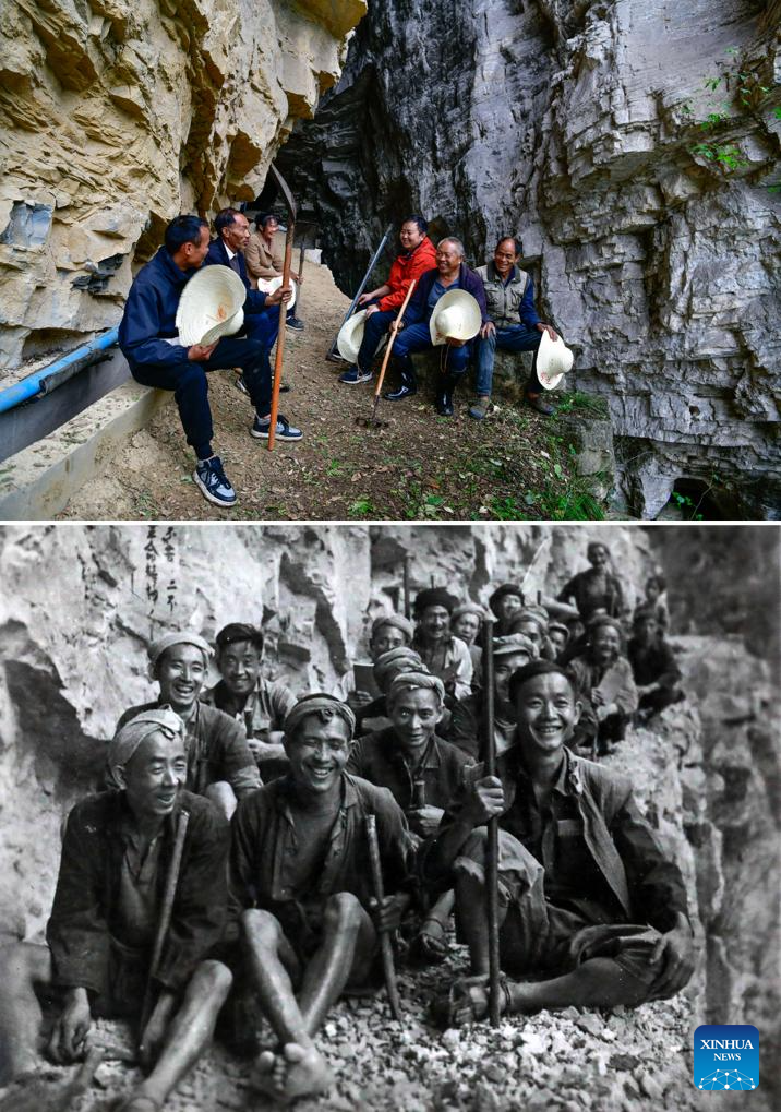 Maintainers of canals on the precipitous cliffs in SW China's Guizhou