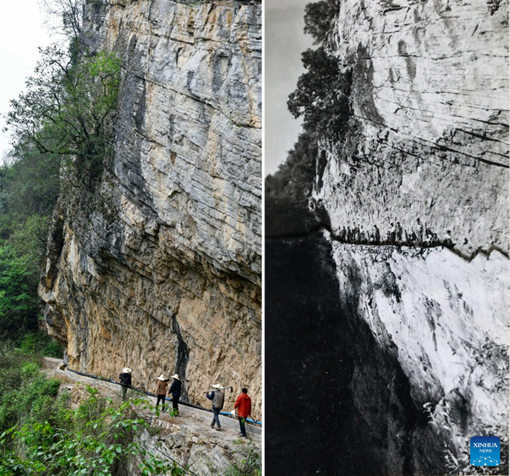 Maintainers of canals on the precipitous cliffs in SW China's Guizhou