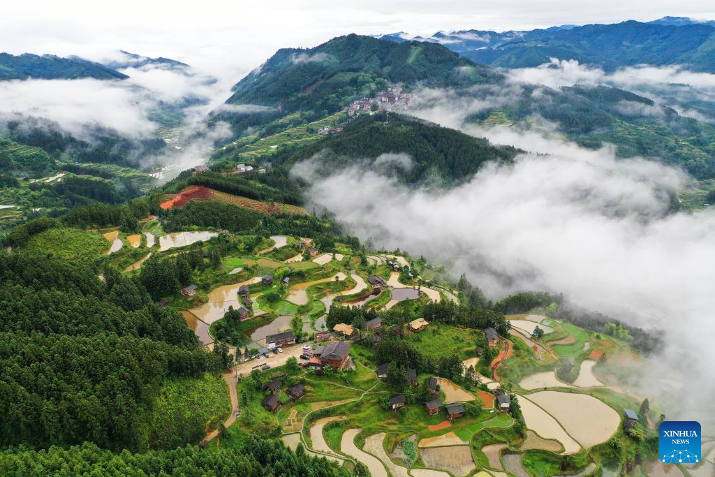 Aerial view of terrace in SW China's Guizhou