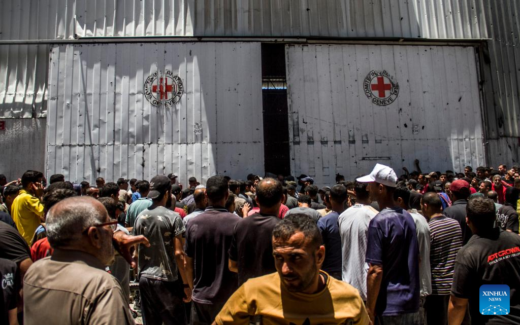 Palestinians gather to receive food aid in Gaza