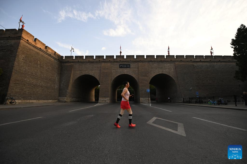 Sports life around the ancient city wall in Xi'an, China