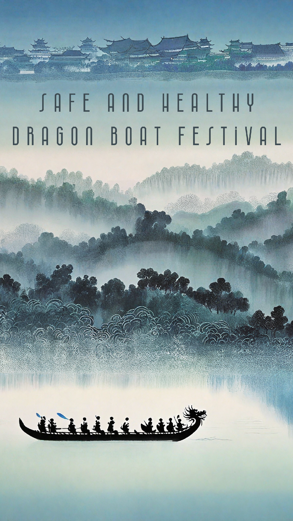 AI wallpapers: Dragon Boat Racing in traditional Chinese watercolor paintings