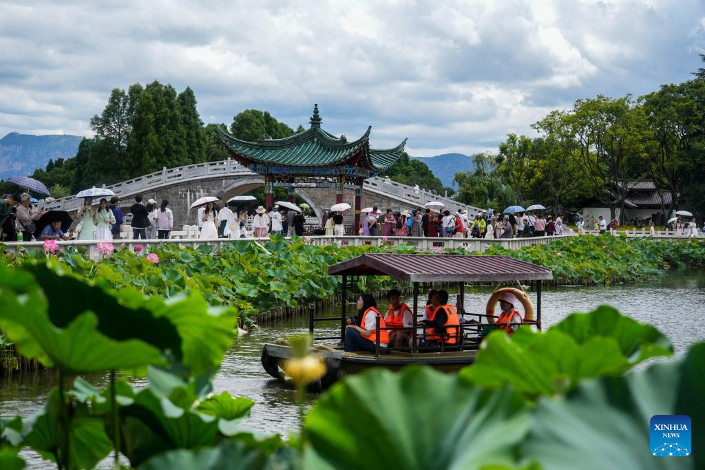 Visitors enjoy lotus flowers at Daguan Park in Kunming